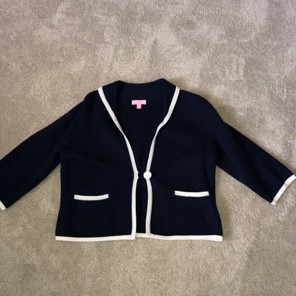 Lilly Pulitzer Sweaters - Lilly Pulitzer Cardigan Sweater Navy Blue White Women’s size Large